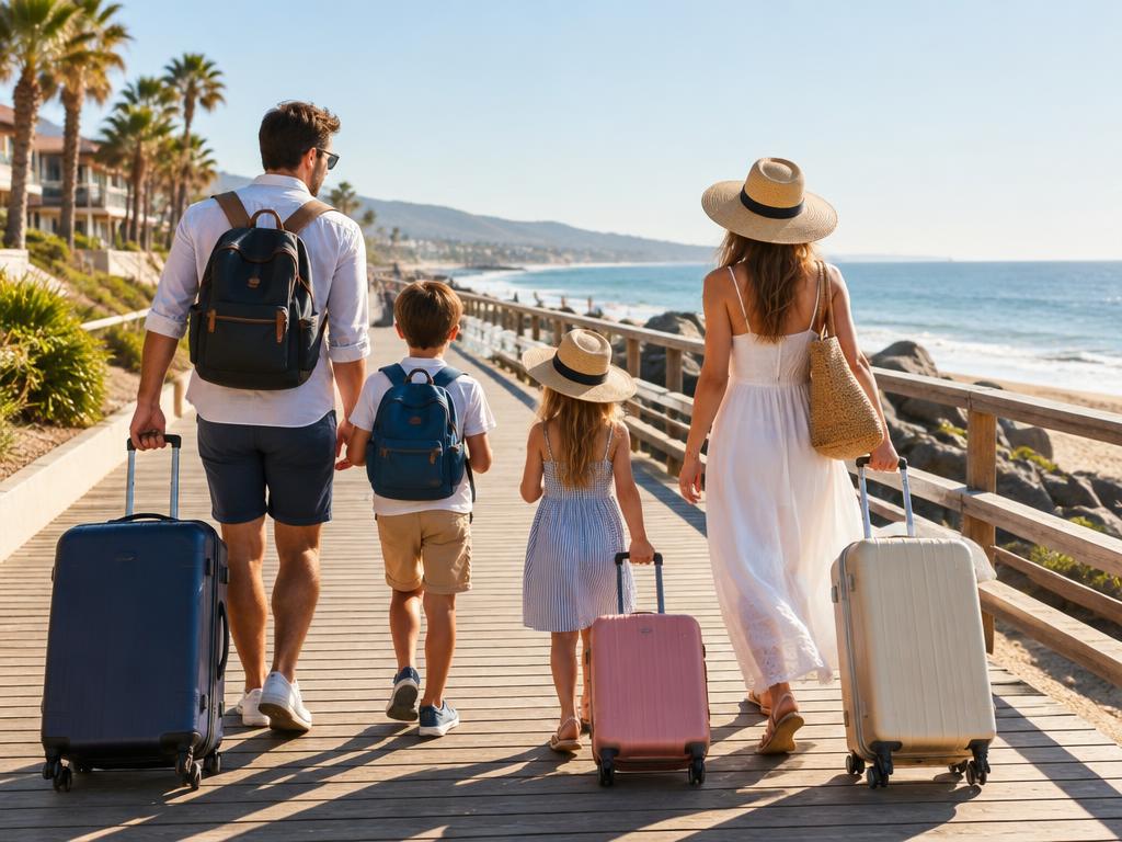 Representative travel photograph of a family walking with suitcases along a seaside boardwalk
