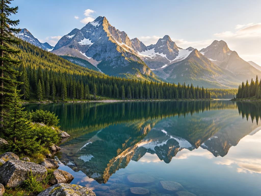 Representative travel photograph of a calm mountain lake reflecting snow-capped peaks